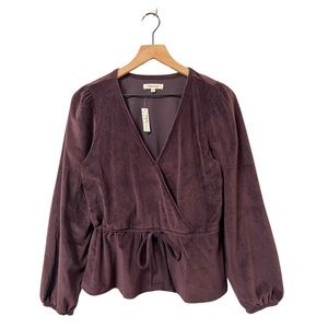Madewell Corduroy Tie Front Faux Wrap Purple Plum Peplum Blouse Size Medium